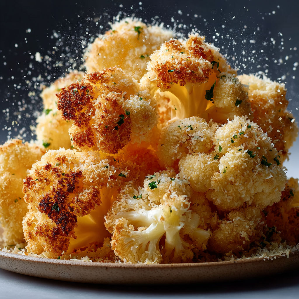 Chou-fleur rôti doré et croustillant au parmesan et herbes fraîches.