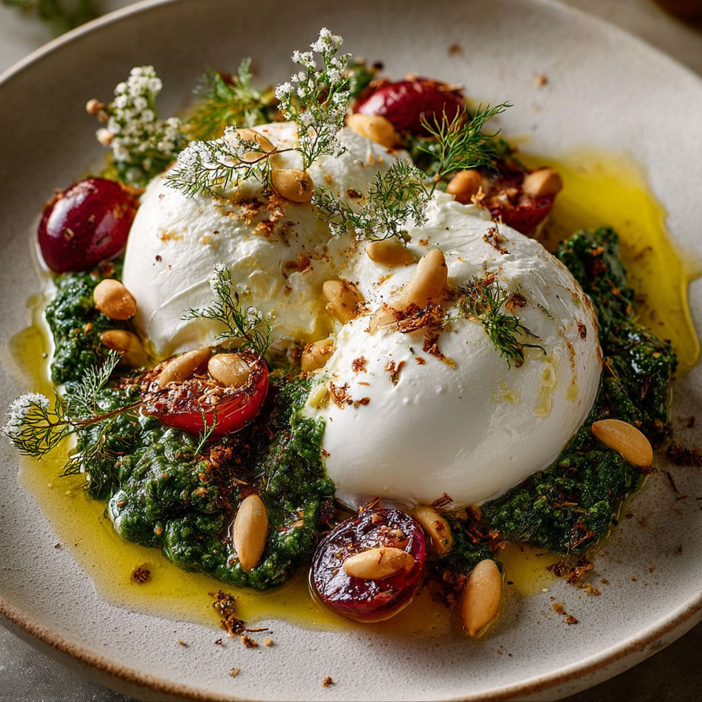 Une assiette de burrata hiver zéro cuisson, garnie de tomates cerises, de pistaches et de herbes.