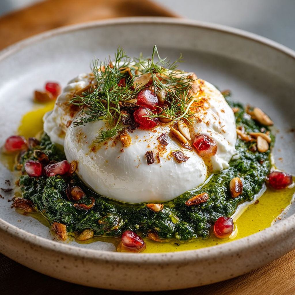 Burrata crémeuse nappée d'un pesto d'épinards frais et pignons de pin.