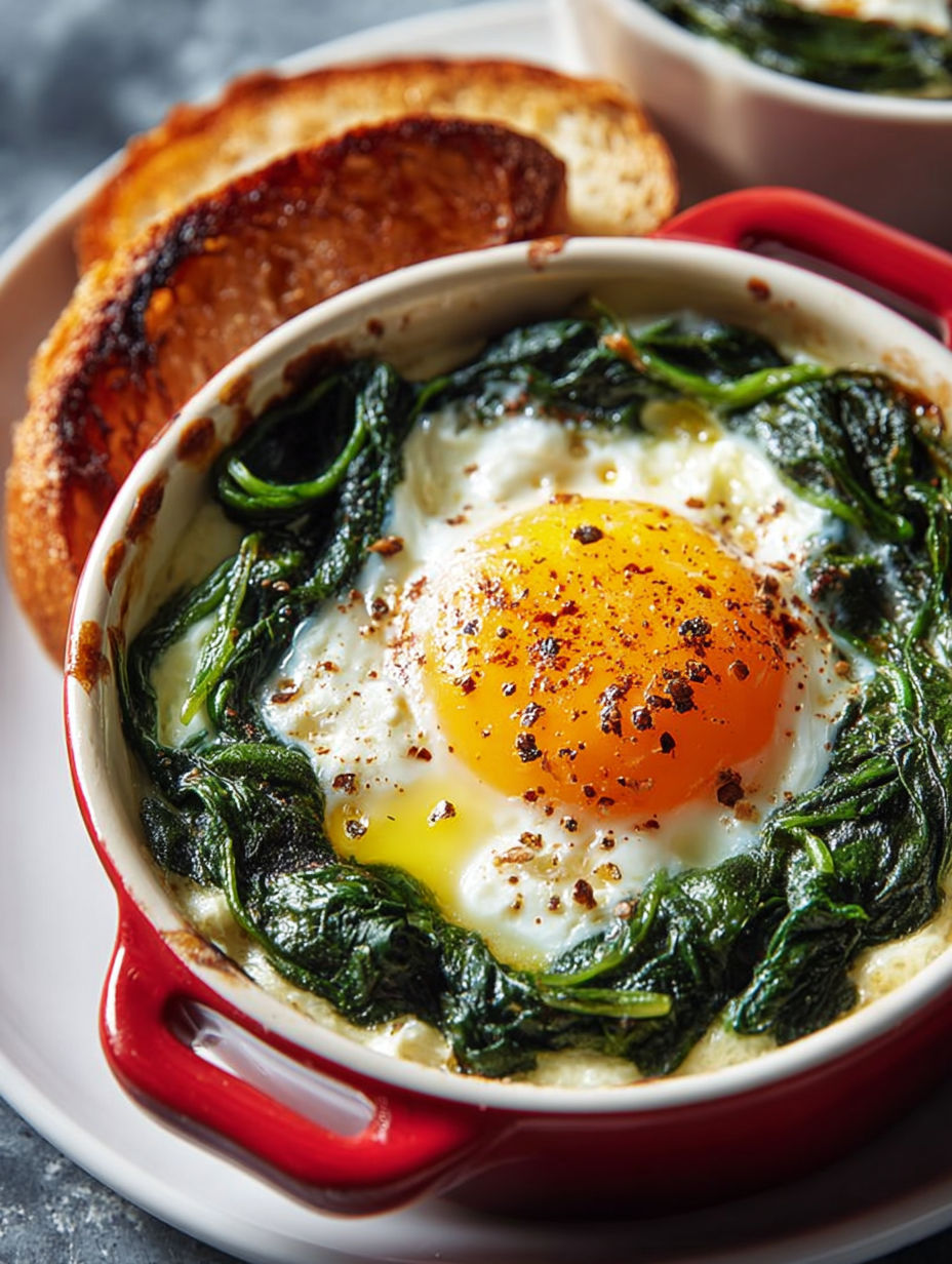 Présentation d'un œuf cocotte servi avec des mouillettes de pain grillé.