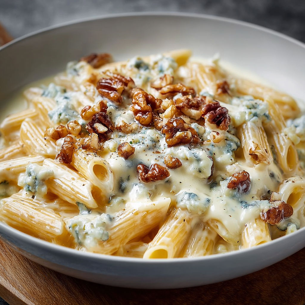 Une assiette de pâtes crémeuses au gorgonzola, avec des noix de cajou et des baies de cranberry, est servie sur un plateau en bois.