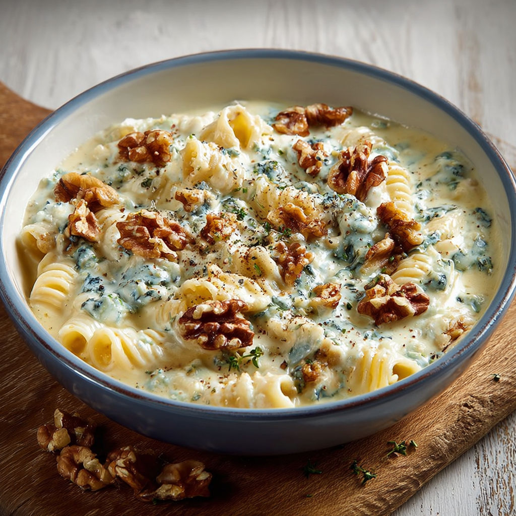 Pâtes crémeuses au gorgonzola parsemées de cerneaux de noix dans un bol.