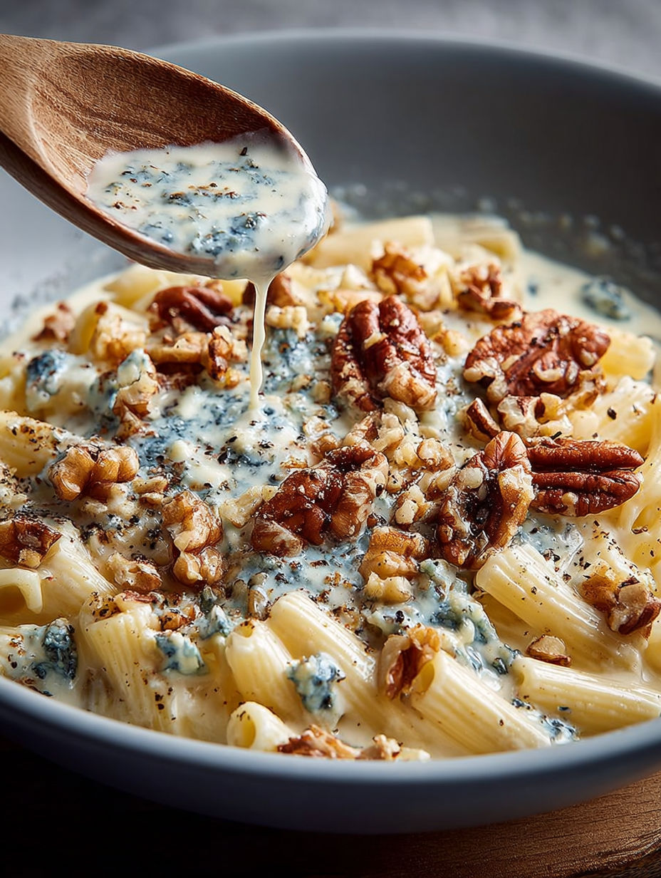 Gros plan sur la sauce onctueuse au gorgonzola nappant les pâtes.