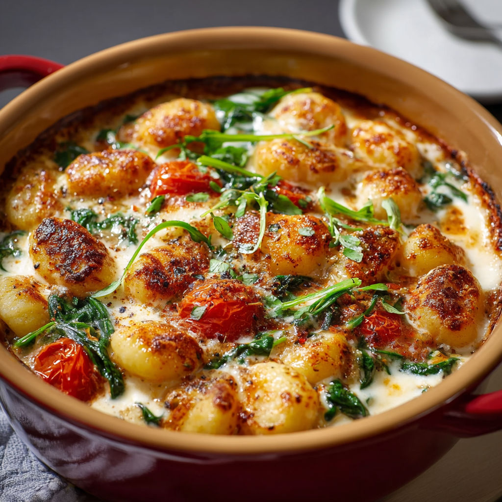 Une cocotte gnocchis tomate épinards est servie sur une table.