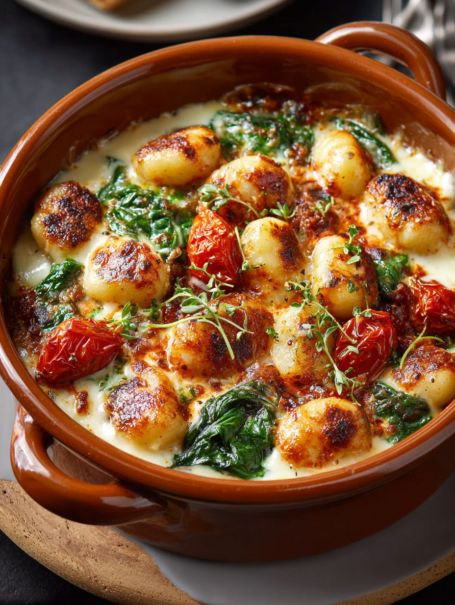 Gros plan sur un gratin de gnocchis onctueux et filant.