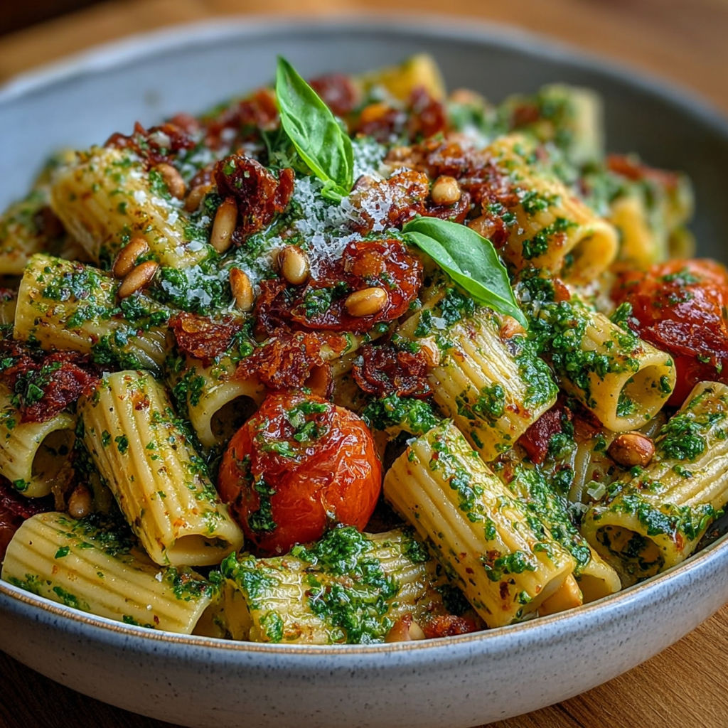 Rigatoni pesto, tomates confites & pignons.