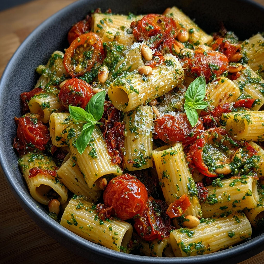 Assiette de rigatoni au pesto de basilic frais avec tomates et pignons grillés.