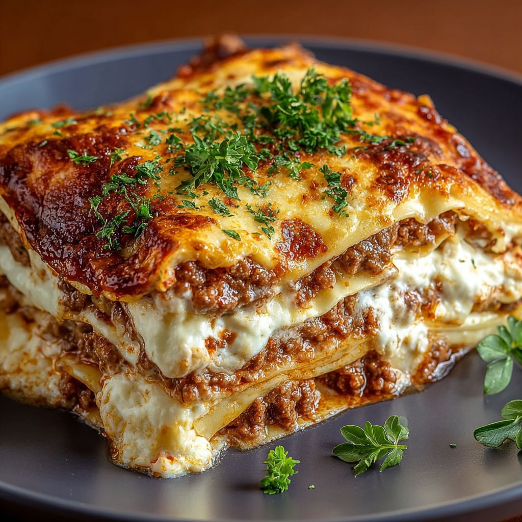 Plat de lasagnes au bœuf généreusement gratinées, servies avec des herbes fraîches.