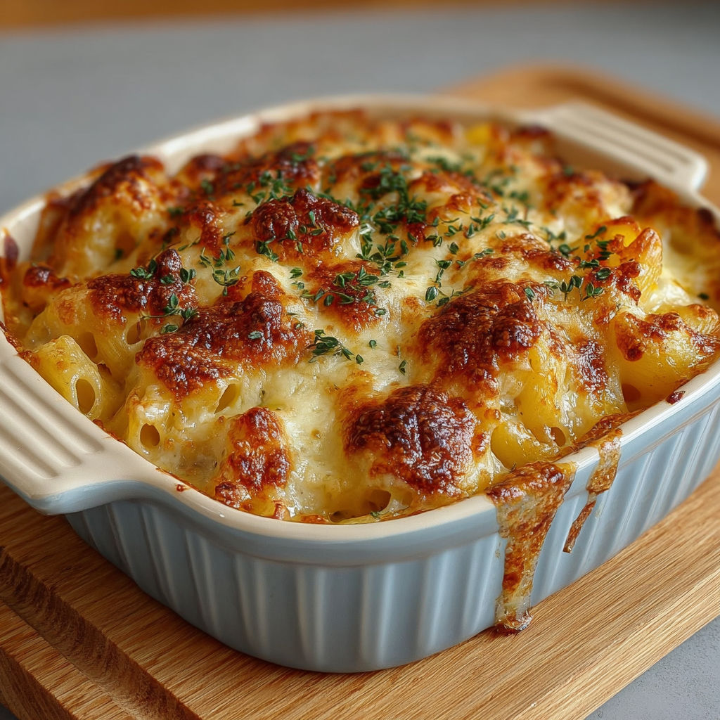 Un délicieux gratin de pâtes doré et croustillant sortant du four.