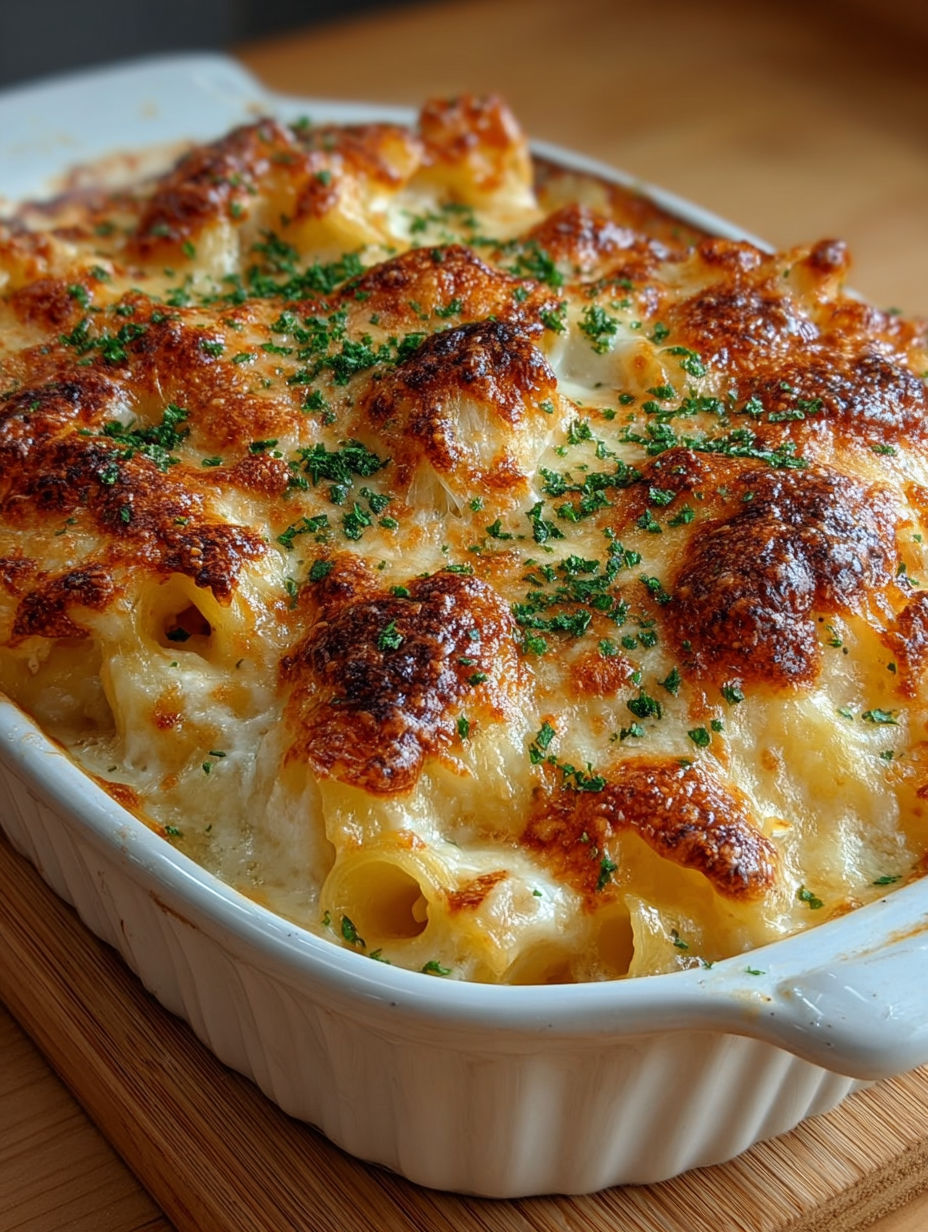 Gros plan sur la croûte gratinée et le persil frais d'un gratin de pâtes maison.