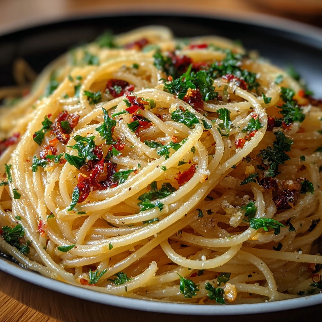 Une plate de spaghetti ailé, pimenté et persillé, accompagné de légumes verts.