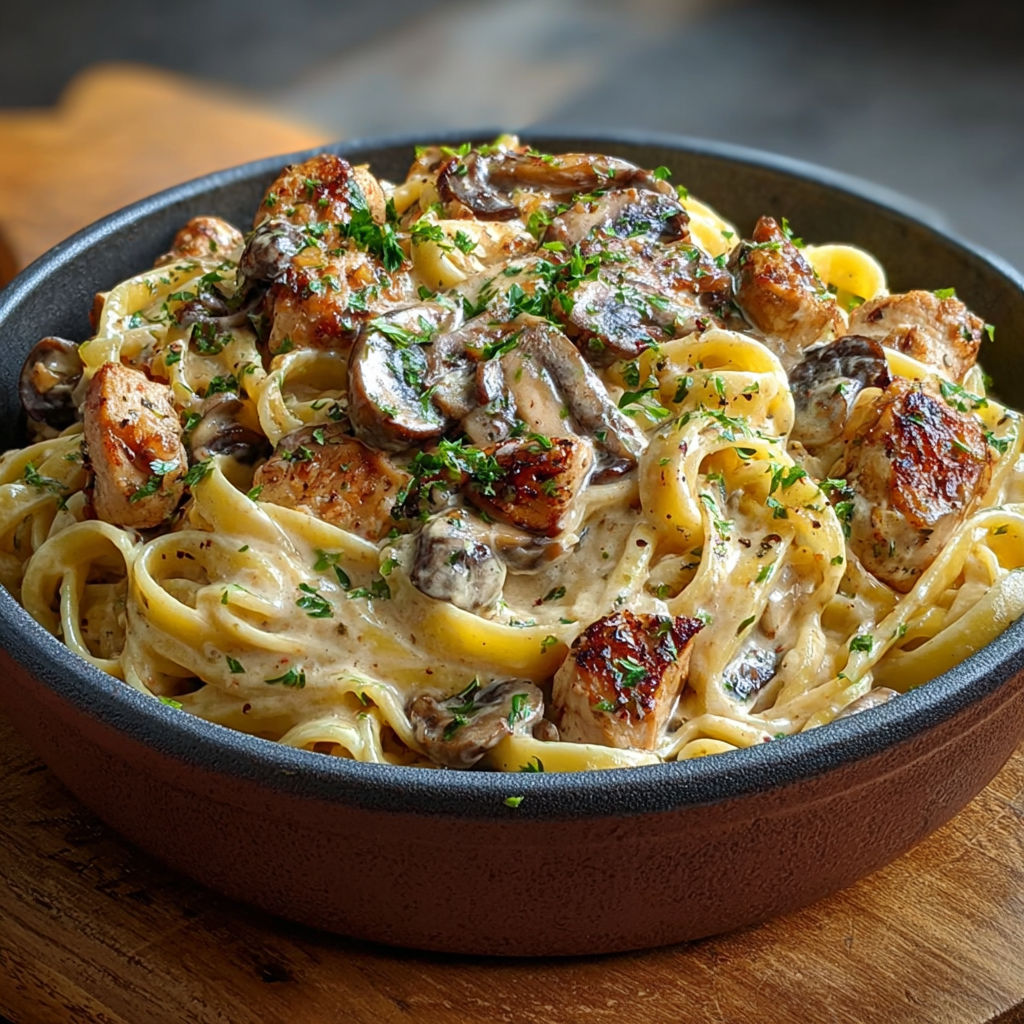 Une assiette de tagliatelles crémeuses avec du poulet et des champignons.