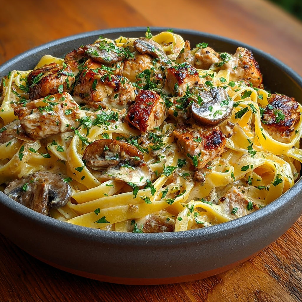 Tagliatelles onctueuses au poulet et champignons frais, parsemées de persil.