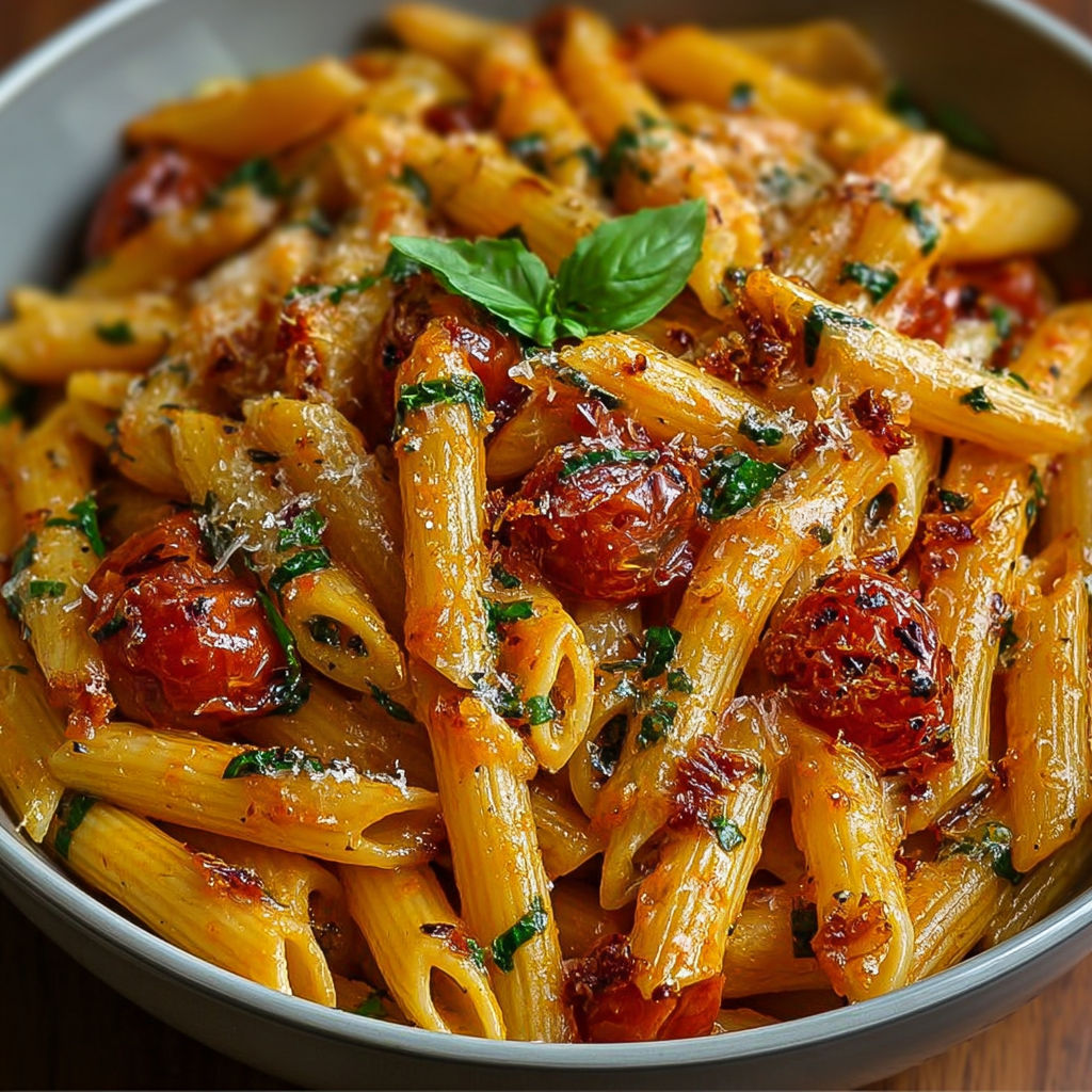 Une assiette de penne crémeuses tomate et basilic, avec des tomates et des herbes fraîches sur les pâtes.