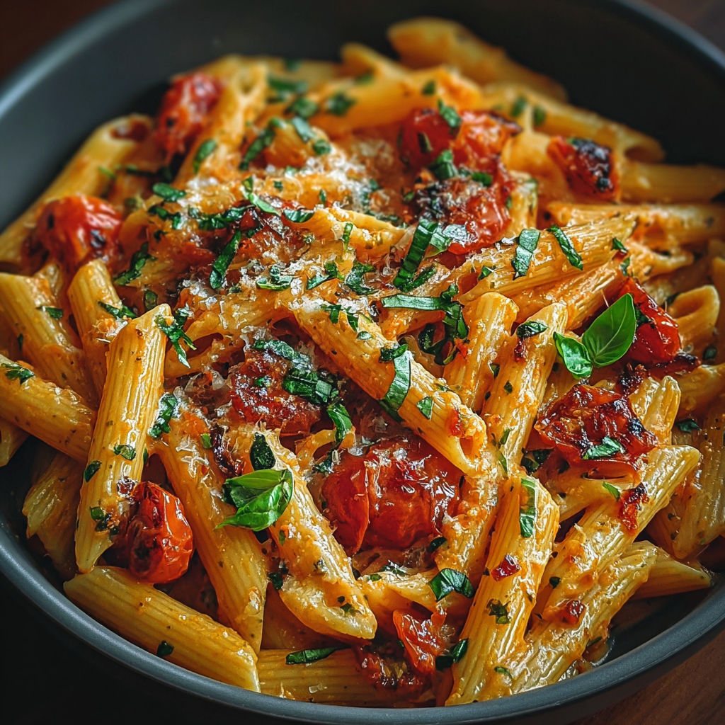Plat de penne crémeuses à la tomate et au basilic frais, saupoudré de parmesan.