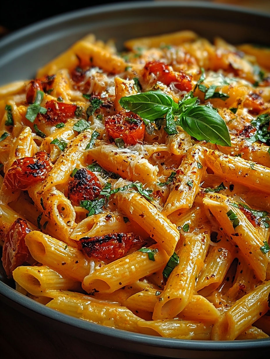 Gros plan sur la sauce onctueuse et le parmesan fondant des penne.
