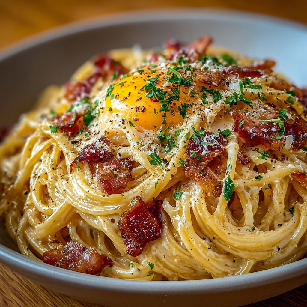 Spaghettis carbonara à l'œuf coulant, une recette italienne classique, est servie dans un bol en verre.