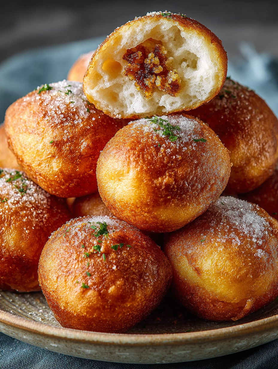 Gros plan sur la mie aérée d'un beignet salé fait maison.