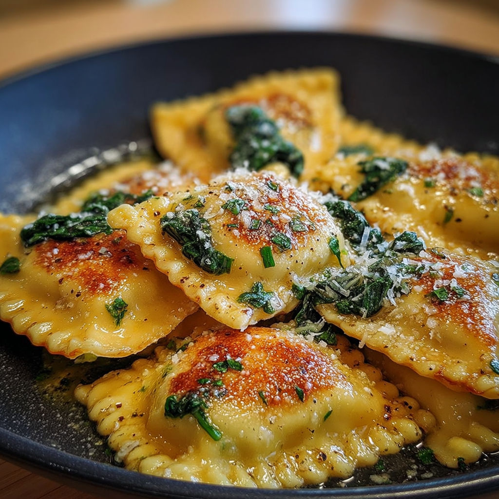 Assiette de raviolis artisanaux poêlés au beurre noisette et parmesan.