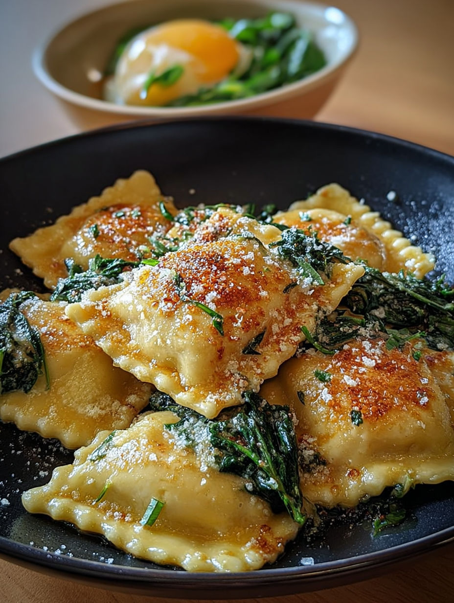 Gros plan sur les raviolis maison dorés à la poêle avec herbes fraîches.