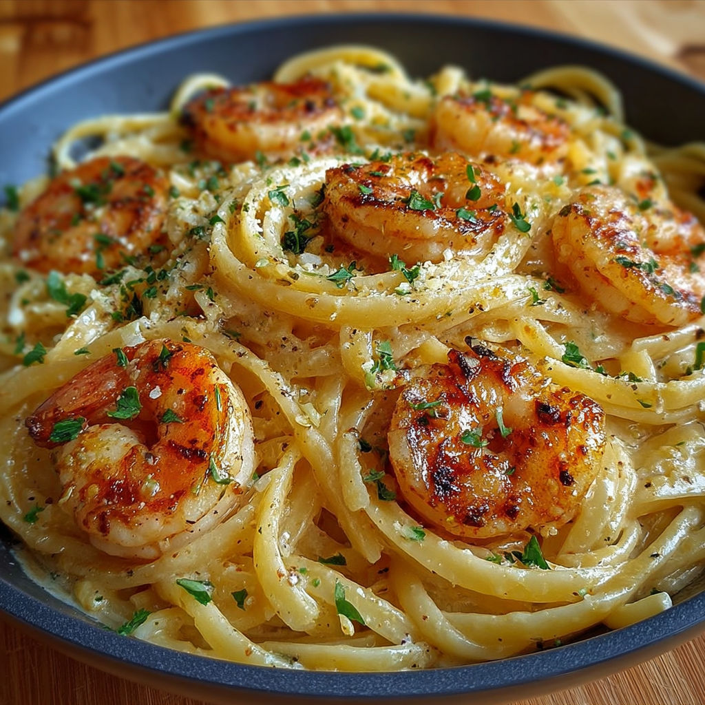 Une assiette de linguine crémeuses aux crevettes avec du persil frais, servie sur une table en bois.
