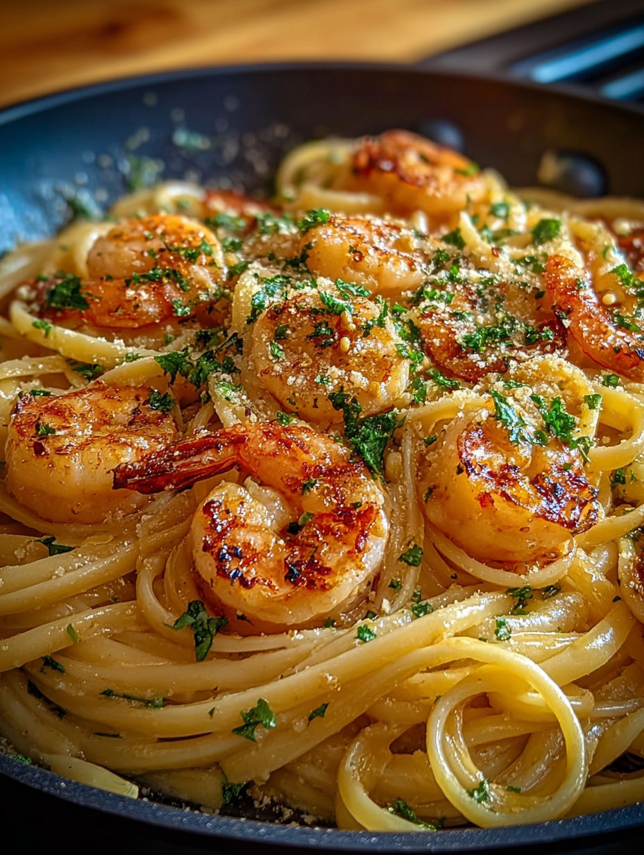 Linguine aux crevettes avec une sauce onctueuse au parmesan, servies dans un bol moderne.