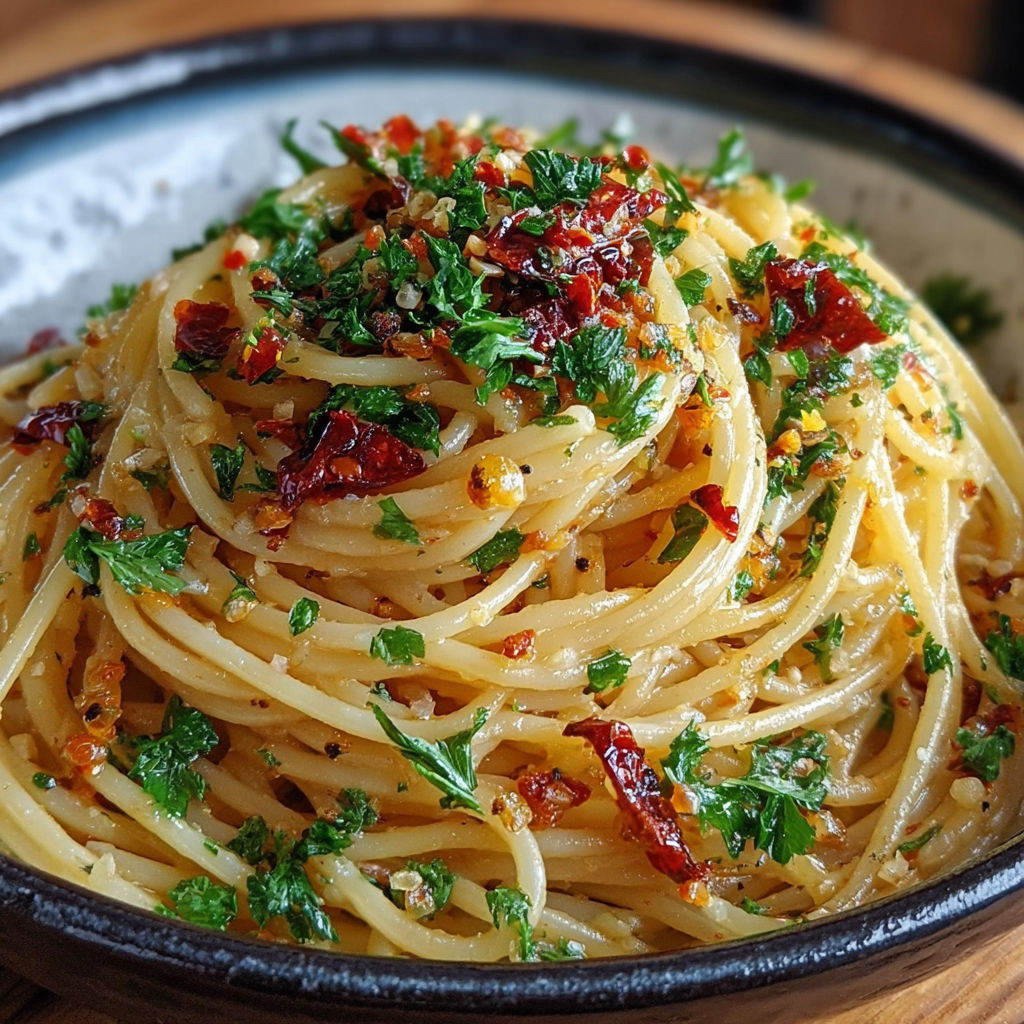 Un bol de spaghetti aglio e olio brillants, parsemés de persil frais et de piment.