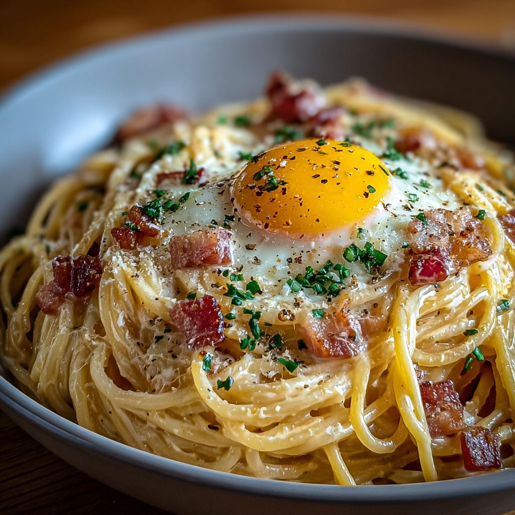 Spaghettis carbonara crémeux surmontés d'un œuf au plat au jaune coulant et de lardons.