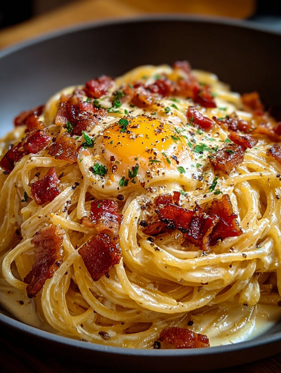 Détail d'un plat de spaghettis carbonara avec persil frais et poivre noir.