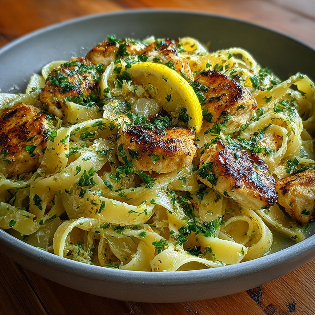 Tagliatelles onctueuses au poulet doré, nappées d'une sauce crémeuse au citron et persil.
