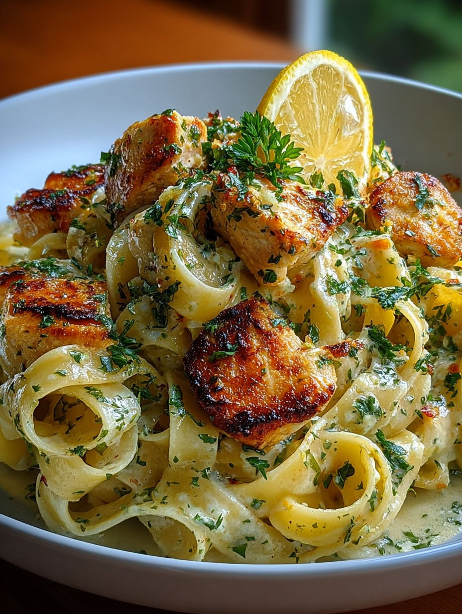 Gros plan sur les lanières de tagliatelles enrobées de sauce citronnée et éclats de persil vert.