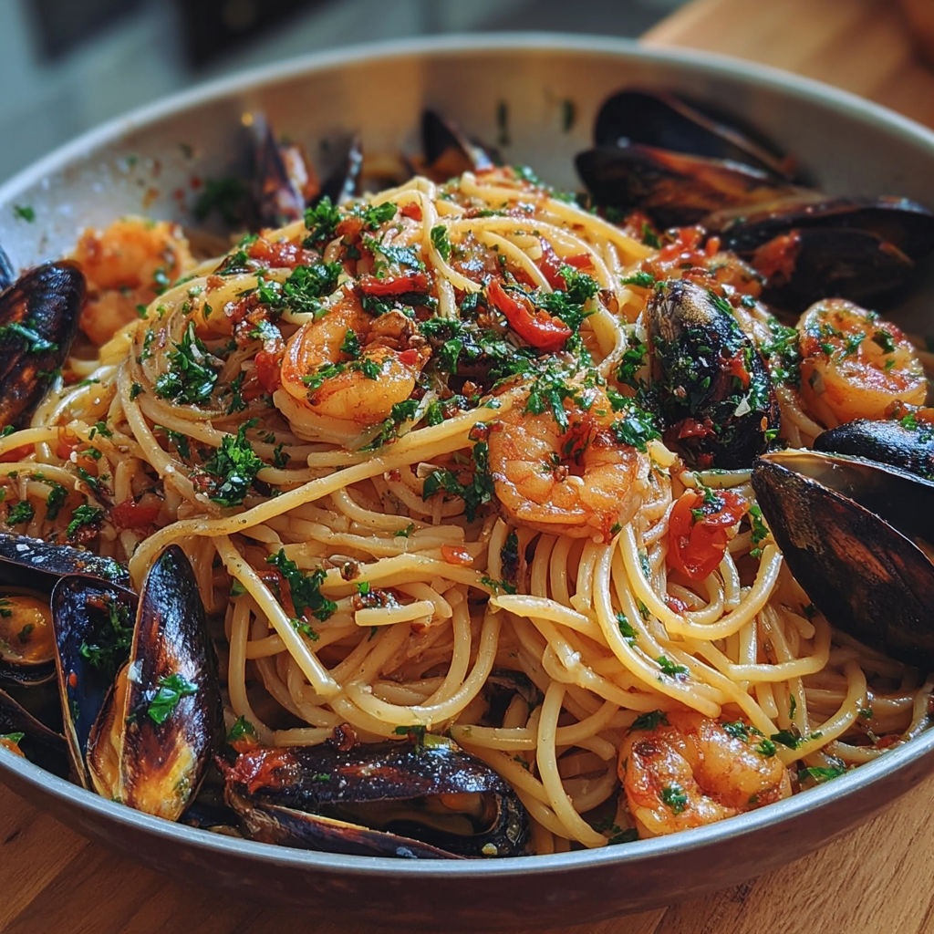 Une assiette généreuse de spaghetti aux moules et tomates, parsemée de persil frais.