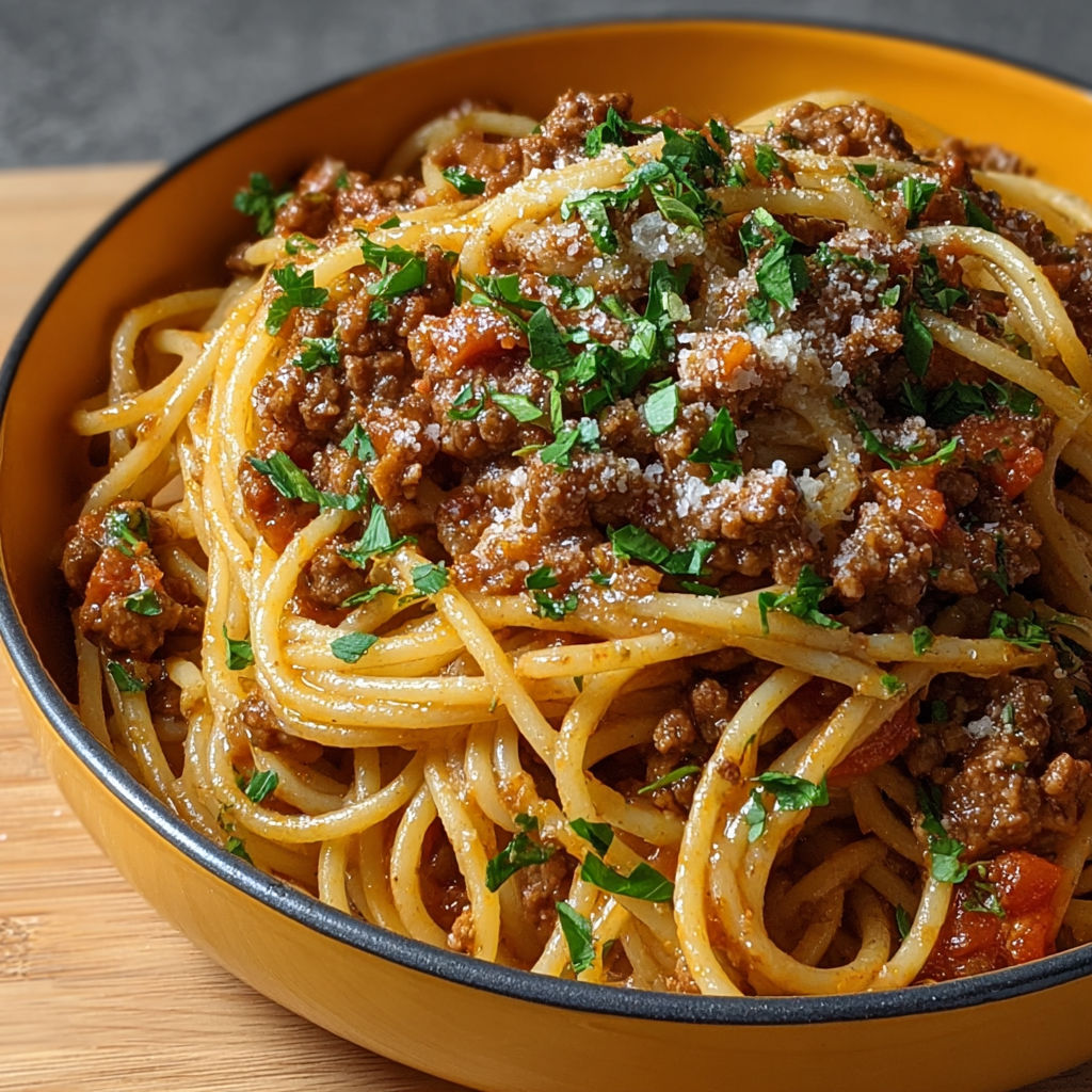 Une assiette de spaghetti bolognaise crémeuse, avec des herbes et des tomates, est servie sur une table.