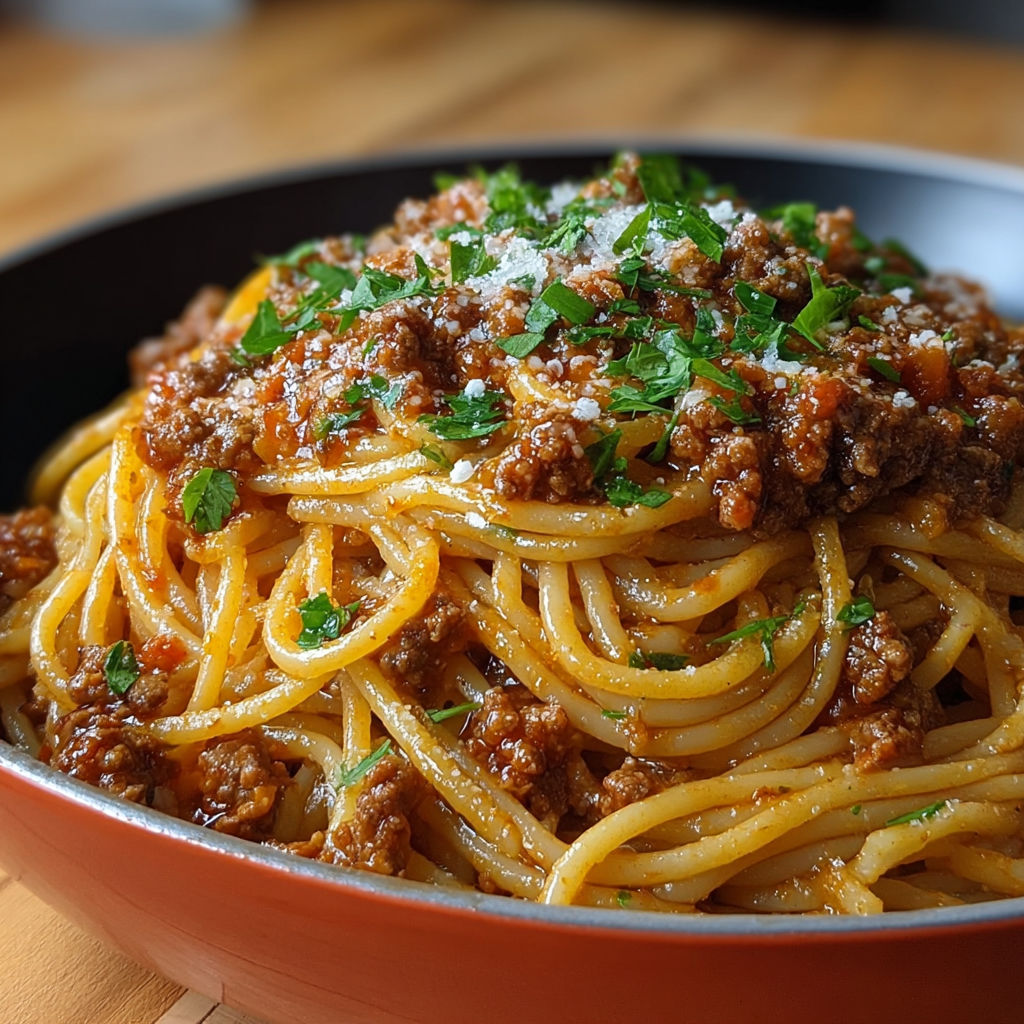Un bol de spaghetti bolognaise crémeuse avec du parmesan râpé et du persil frais.