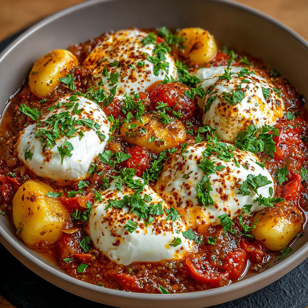 Poêlée de gnocchis fondants à la tomate avec de larges morceaux de burrata crémeuse et du persil.