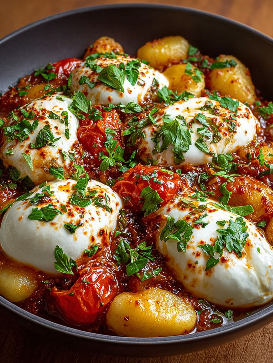 Gros plan sur la burrata qui fond sur les gnocchis en sauce tomate épicée.