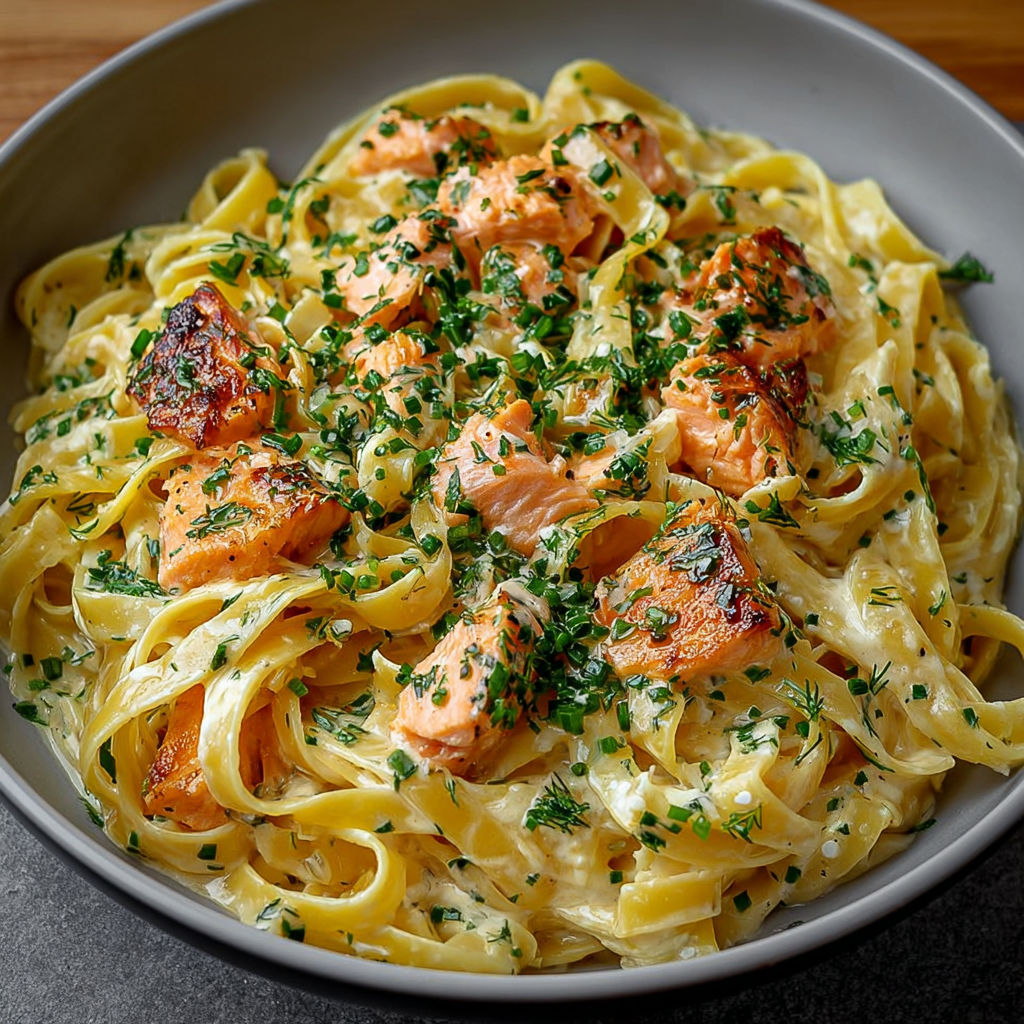 Tagliatelles crémeuses au saumon frais décorées d'aneth ciselé dans une assiette élégante.