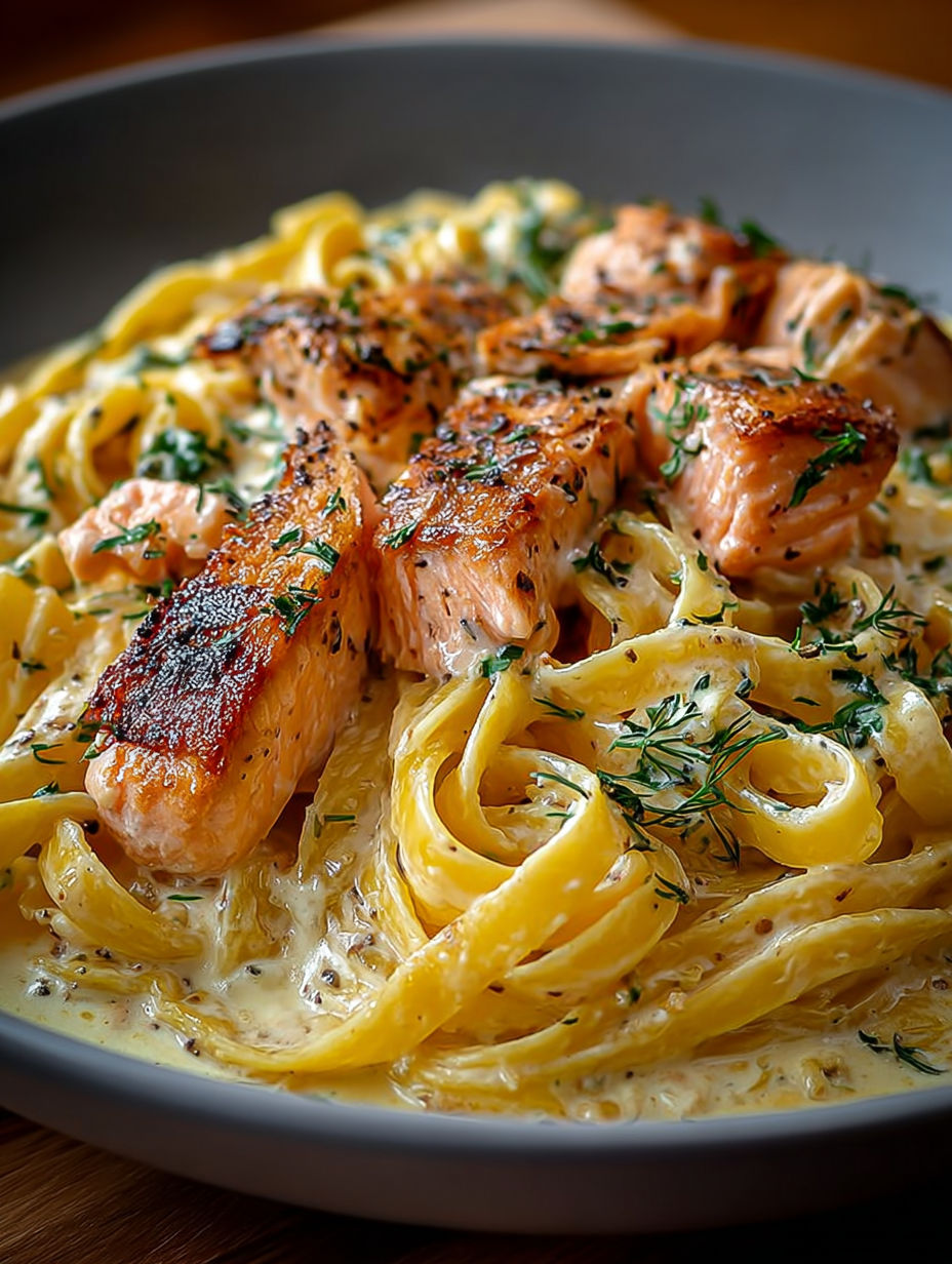 Gros plan sur les lanières de tagliatelles enrobées de sauce à l'aneth et cubes de saumon nacrés.