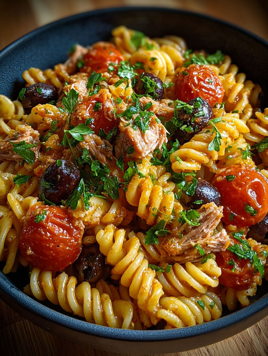 Gros plan sur les fusilli enrobés d'une sauce méditerranéenne brillante au thon et olives.
