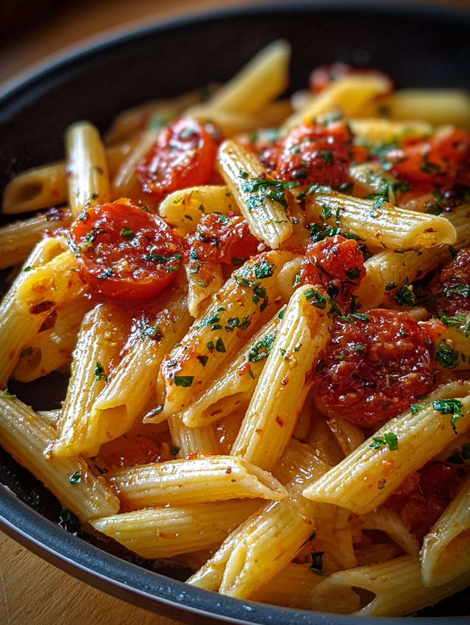 Gros plan sur les penne enrobées de leur sauce lisse et brillante à la tomate et au parmesan.