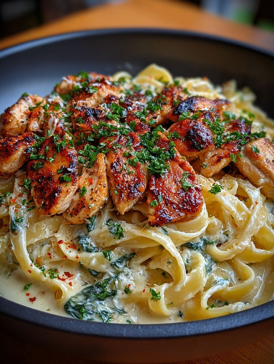Gros plan sur la sauce onctueuse nappant les fettuccine et les morceaux de poulet assaisonnés.