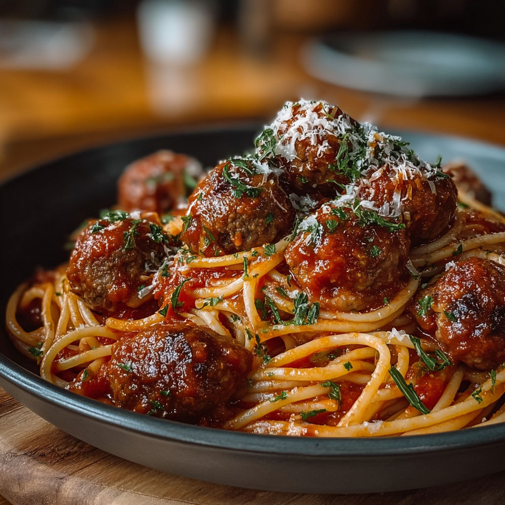 Spaghetti servis avec des boulettes de viande fondantes nappées de sauce tomate et parmesan.