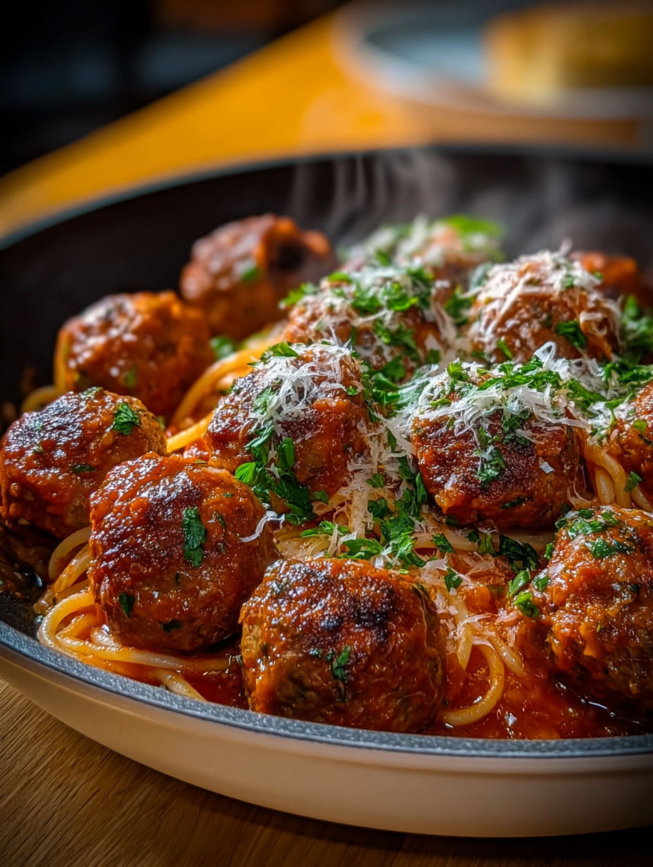 Gros plan sur les boulettes de bœuf nappées de sauce tomate épaisse sur un lit de spaghetti.