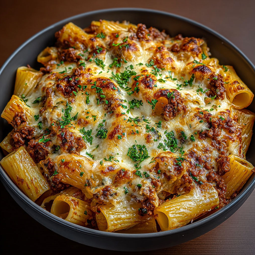 Un plat de rigatoni gratinés à la bolognaise, avec des herbes et des légumes, est servie dans un bol.