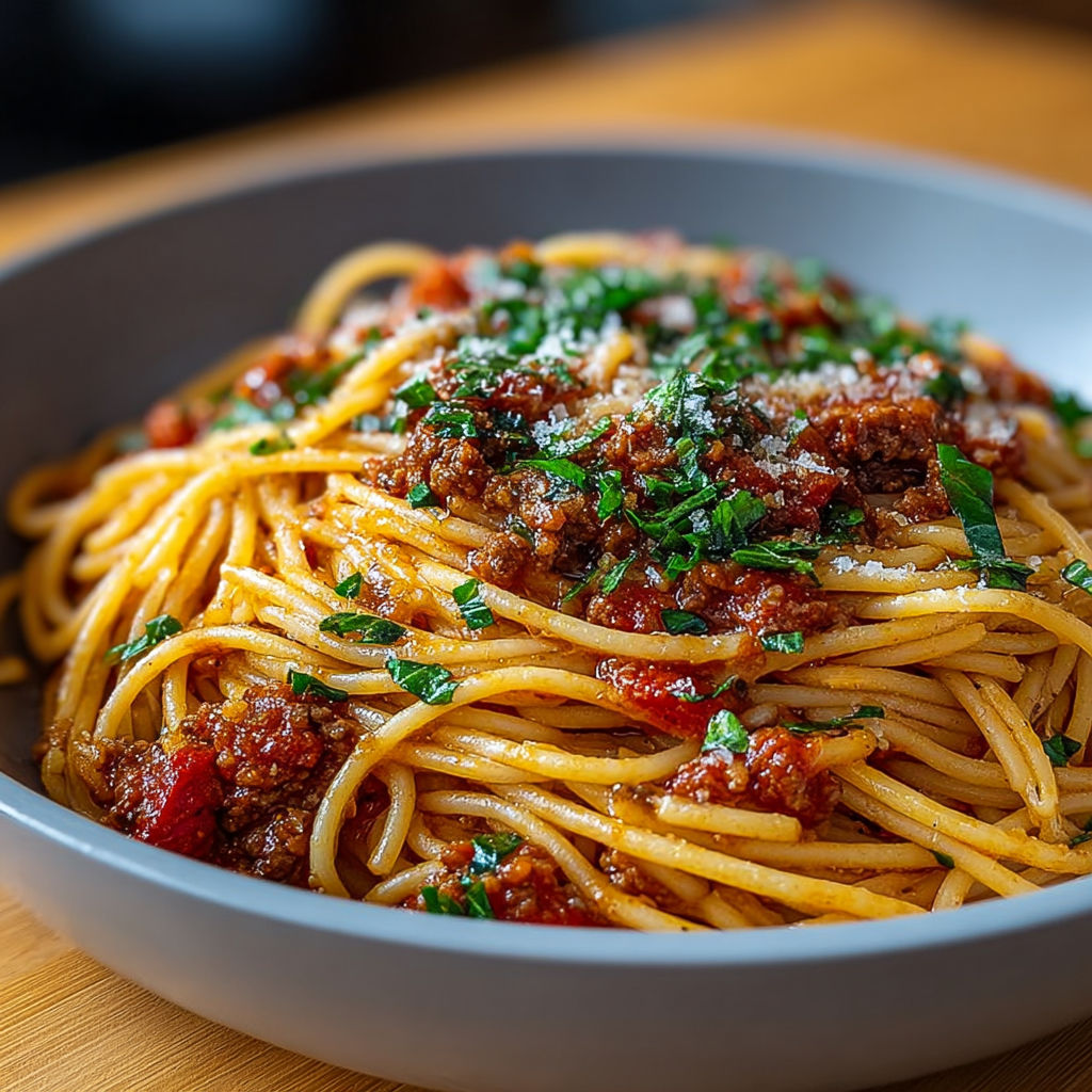 Une plate de spaghetti bolognaise express, avec des herbes et des tomates, est servie sur une table.