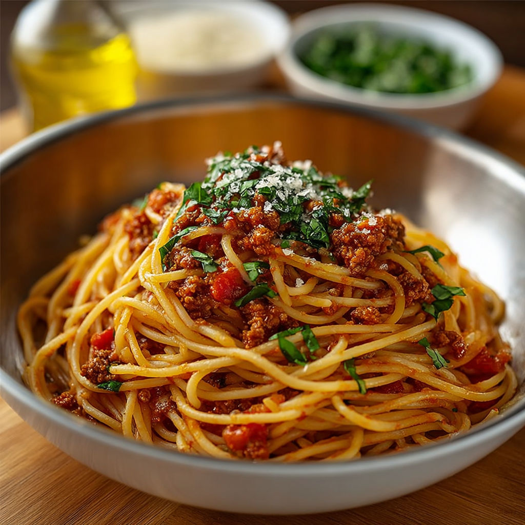 Une généreuse portion de spaghetti bolognaise fumante avec du basilic frais et du parmesan.