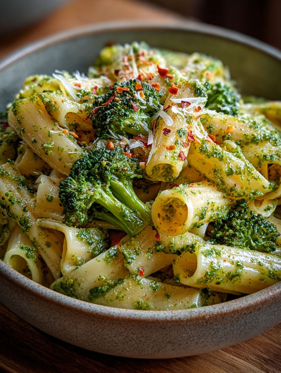Gros plan sur une fourchette enroulant des pâtes larges au pesto et légumes verts.