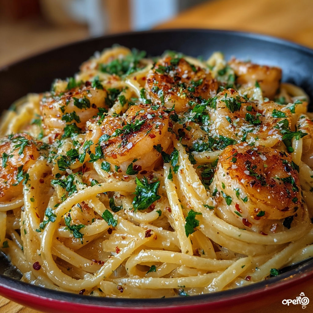 Une assiette de linguine crémeuses aux crevettes épicées, servie sur une table.