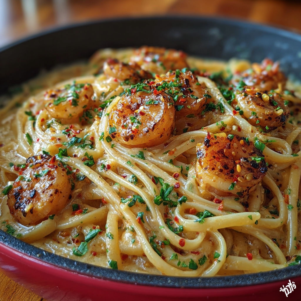 Linguine crémeuses aux crevettes dorées, parsemées de persil frais et de flocons de piment.