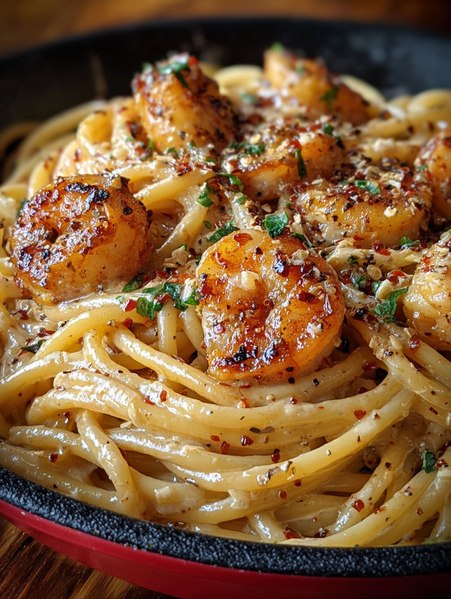 Zoom sur les crevettes bien assaisonnées et la sauce onctueuse nappant les pâtes.